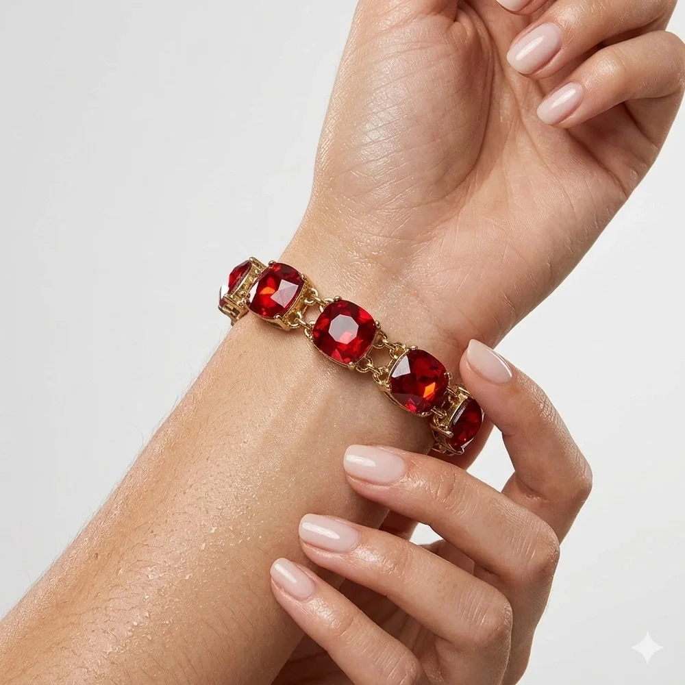 Cosmopolitan Gold Tone Red Crystal Bracelet | Cushion Cut Toggle Clasp